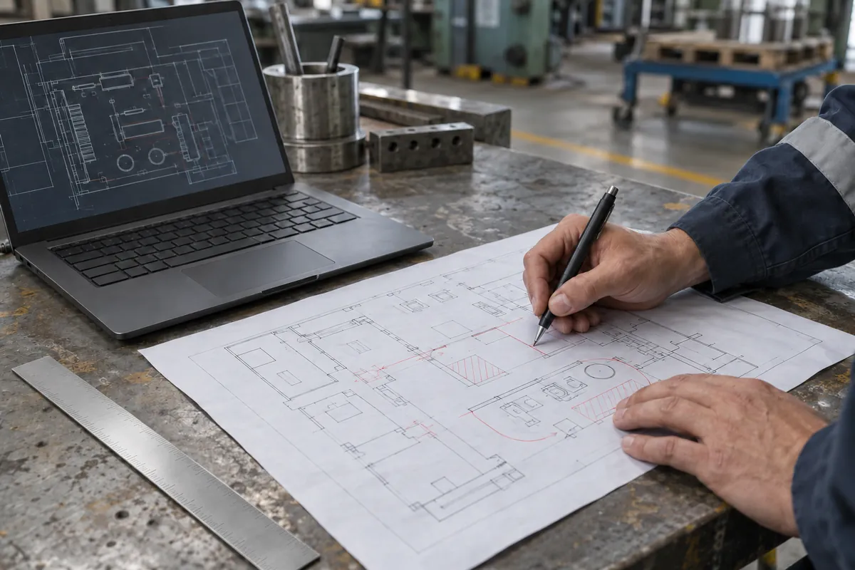 Hands marking up a printed layout drawing beside a laptop on a plant-floor desk
