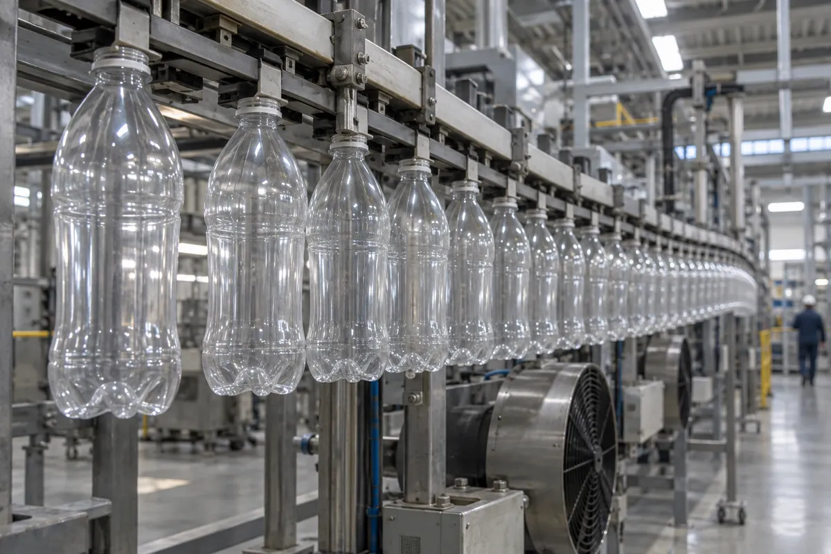 Empty plastic bottles suspended by their neck rings in an overhead air conveyor track with fans below the rails