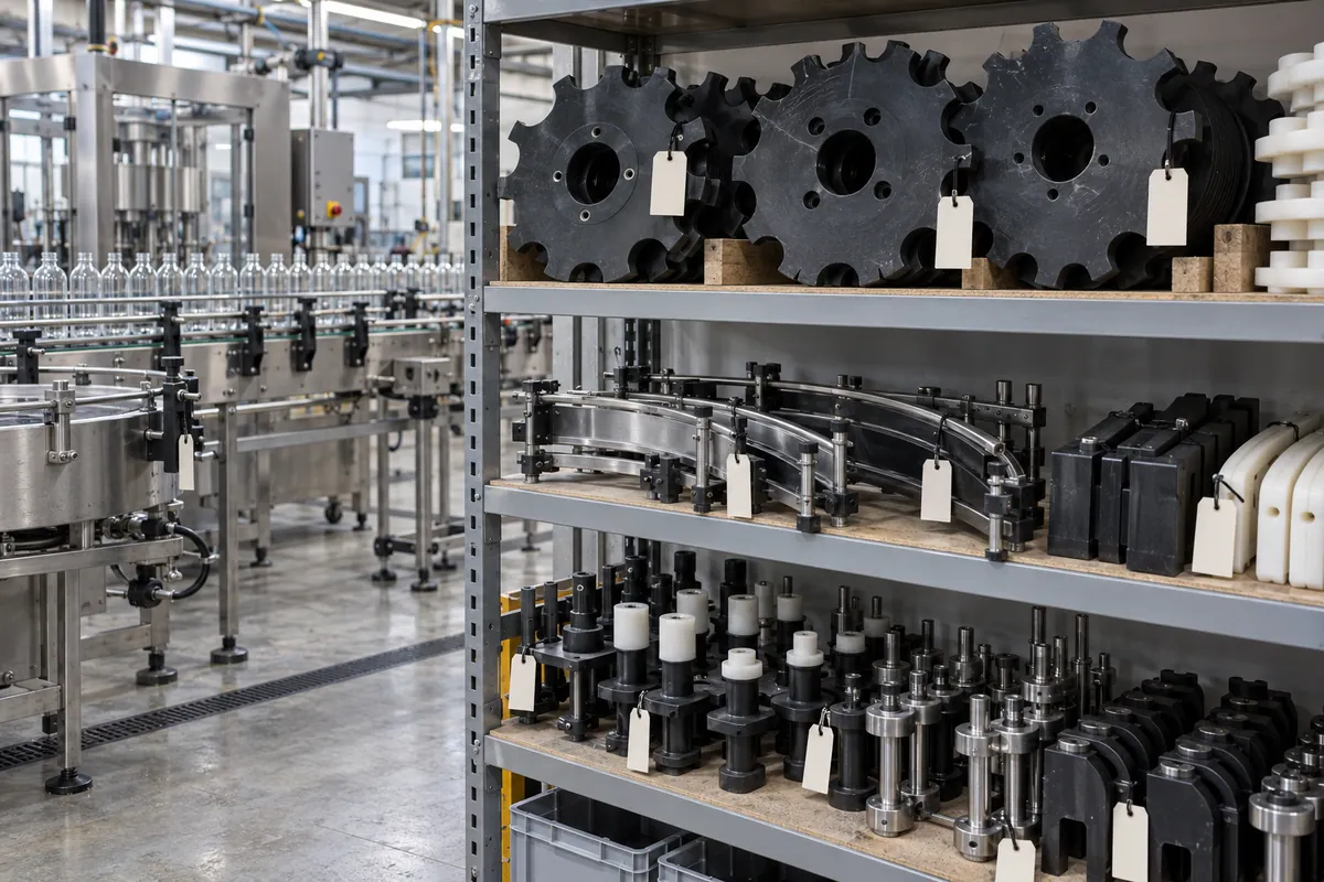 Rack of labeled star wheels, guide rails, and neck guides stored beside a bottling line for format changeover