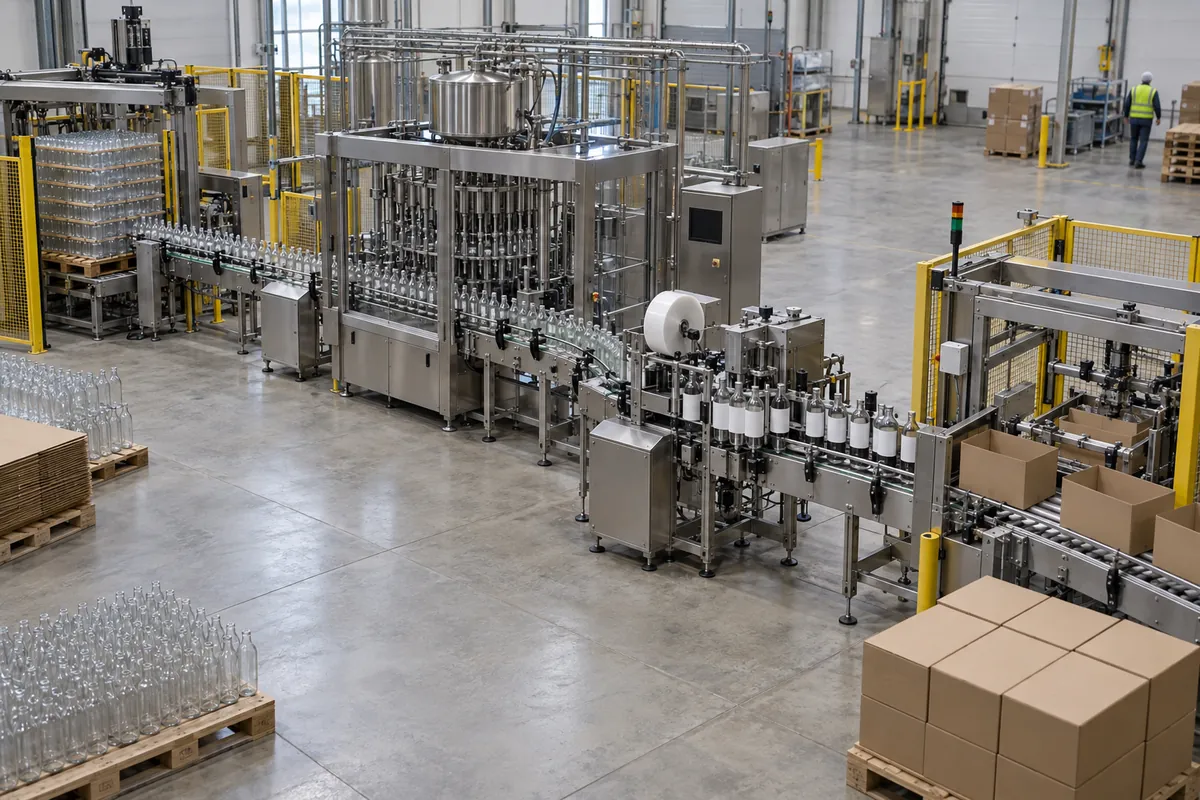 Overhead view of a bottling line showing a depalletizer, tabletop conveyors, a filler block, a labeler, and a case packer connected in sequence