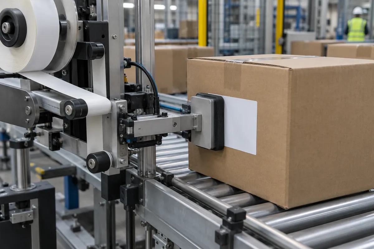 Print-and-apply labeler placing a plain white label on the side of a corrugated case on a roller conveyor