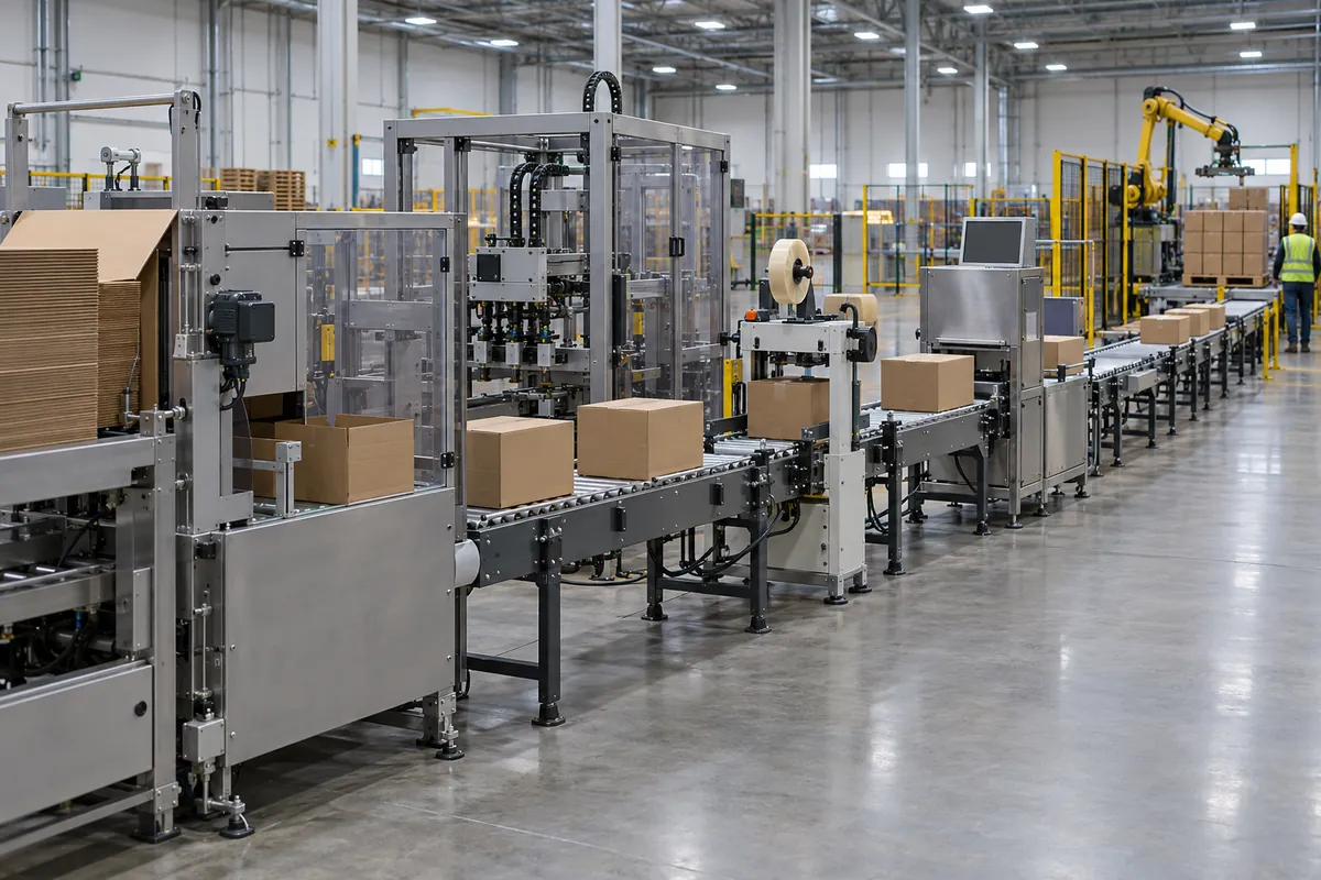 A case line showing an erector, a packer, a sealer, a checkweigher, and a roller conveyor leading to a palletizer