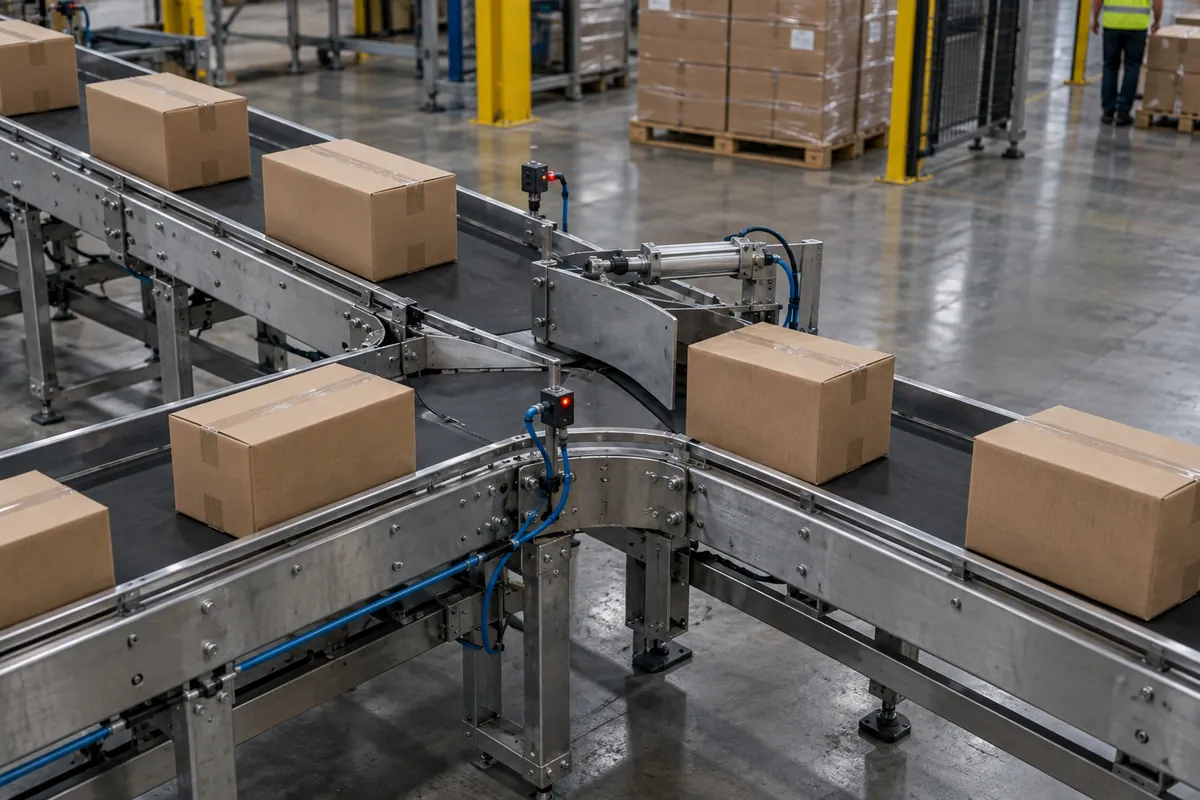 Two lanes of cases merging at a conveyor junction with a gate and photo-eyes, then continuing as one lane