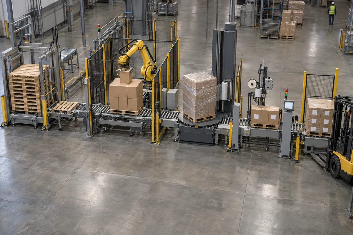 Overhead view of a pallet line with an empty pallet dispenser, chain conveyors, a palletizer, a stretch wrapper, a labeler, and a pickup station