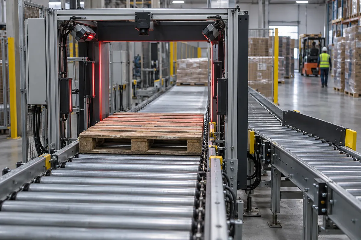 A wooden pallet passing a camera and laser frame on a roller conveyor with a reject lane to the side