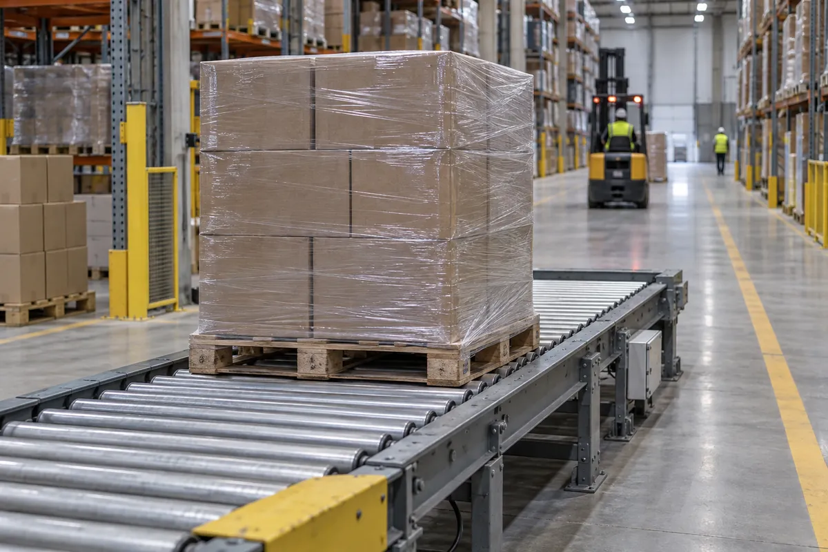 A wrapped pallet on a pickup conveyor in a warehouse aisle with a fork truck approaching in the distance