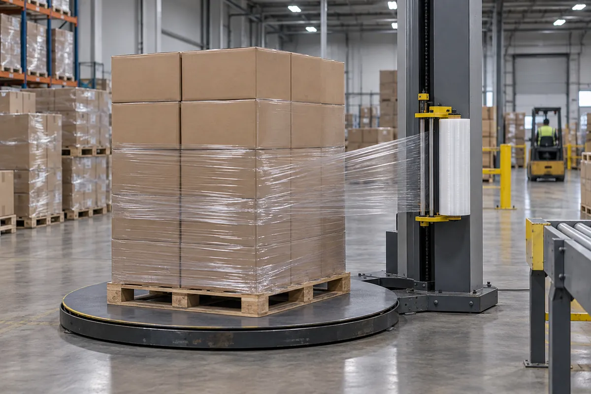 A turntable stretch wrapper applying clear film around a pallet of cases with a film carriage beside it