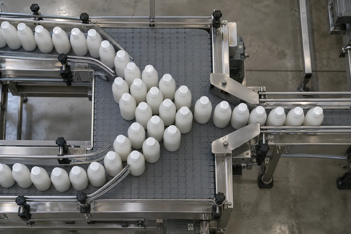 Top view of a wide modular belt table with plain bottles in groups and opposing belt sections that move product sideways toward a single lane exit