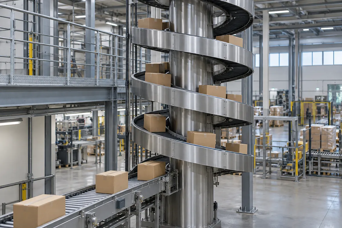 Stainless spiral conveyor tower carrying plain brown cases upward beside a mezzanine rail in a packaging plant, with a straight conveyor at its base