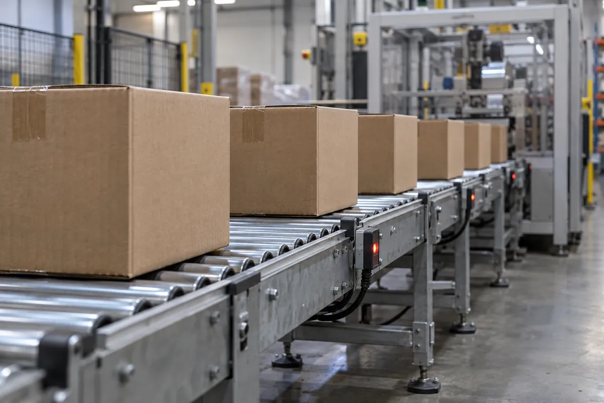 Row of plain brown cartons queued with even gaps on a zoned roller conveyor, each zone with a small photo-eye on the side frame