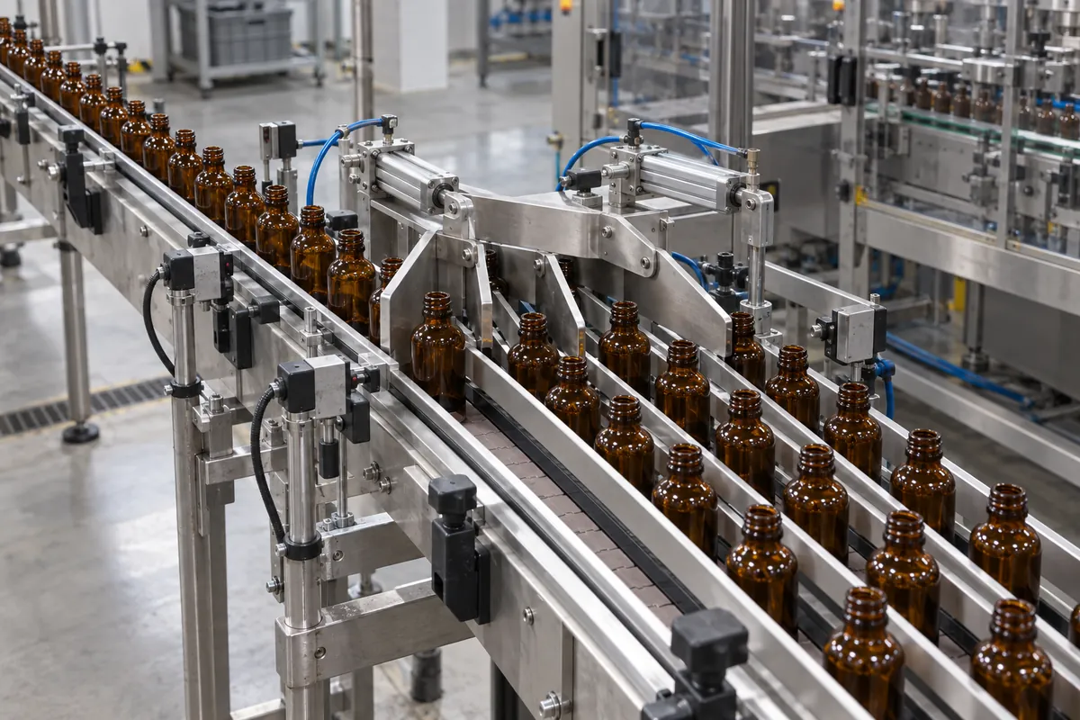 Single lane of plain glass bottles reaching a lane divider with a swinging gate that splits the stream into four lanes toward a packing machine