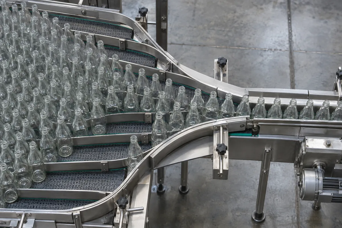 Mass flow of plain plastic bottles on a wide table narrowing through several parallel chain strands into a single lane, seen from above