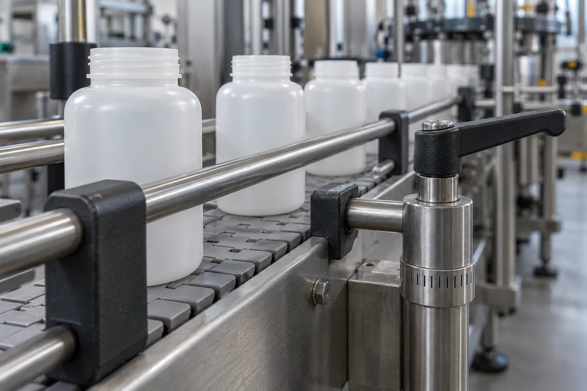 Close view of plain plastic bottles riding single file on a tabletop chain between two adjustable guide rails with a quick-release adjustment handle