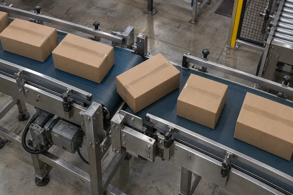 Overhead view of plain brown cases rotating ninety degrees on a dual-belt case turner where one belt runs faster than the other