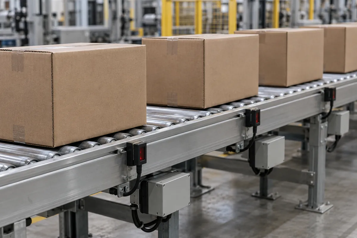 Plain brown cases queued with visible gaps on a motor-driven roller conveyor with small photo-eye sensors mounted along the side frame