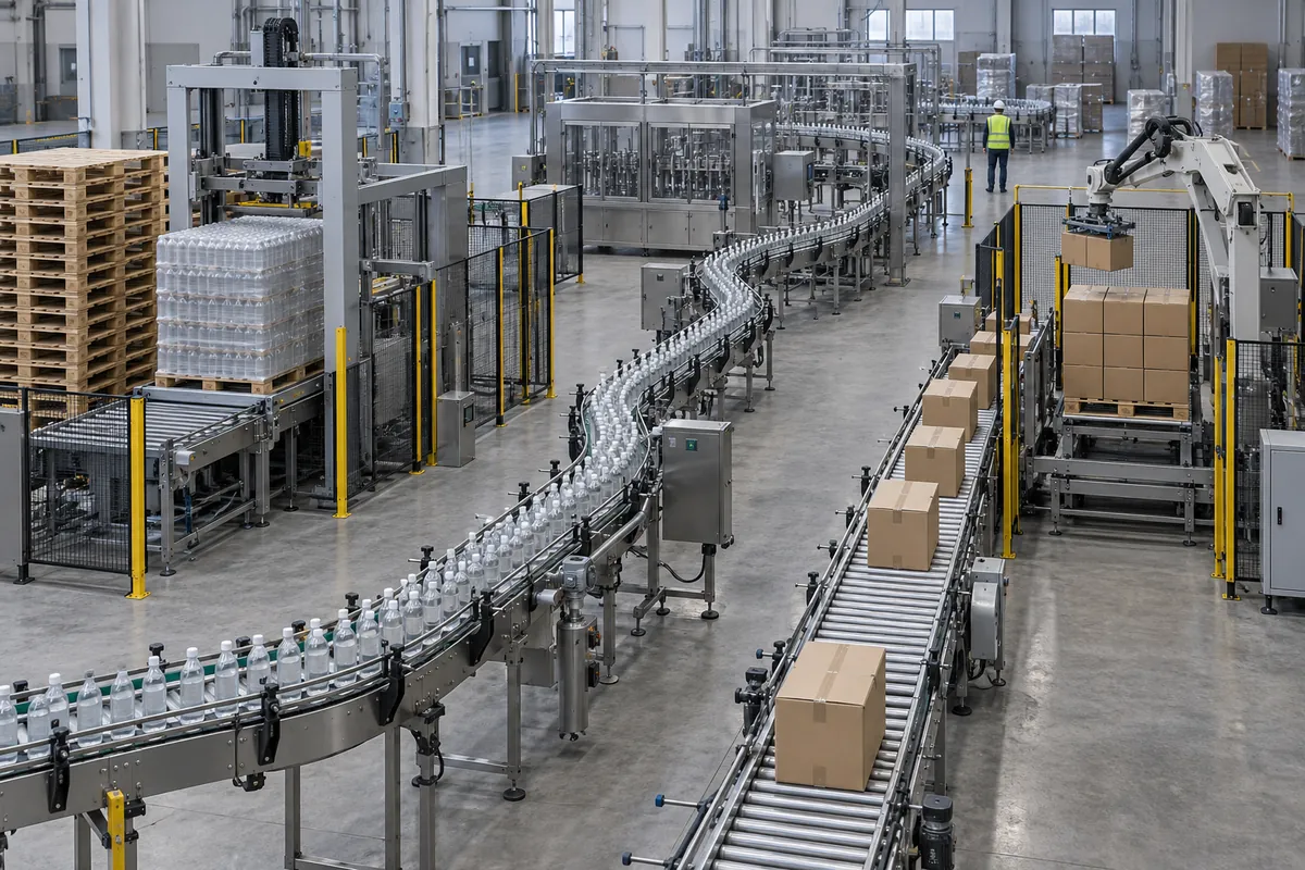 Packaging hall viewed from above with a depalletizer on the left, a bottle conveyor line in the middle, cases on a roller conveyor, and a palletizer on the right