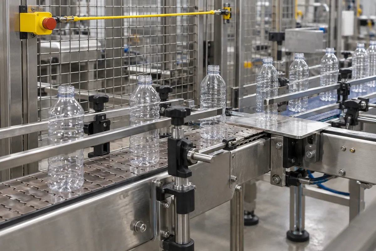 Tabletop chain conveyor carrying upright plastic bottles with side guide rails, a transfer plate to a second conveyor, and a perimeter guard with a pull-cord emergency stop