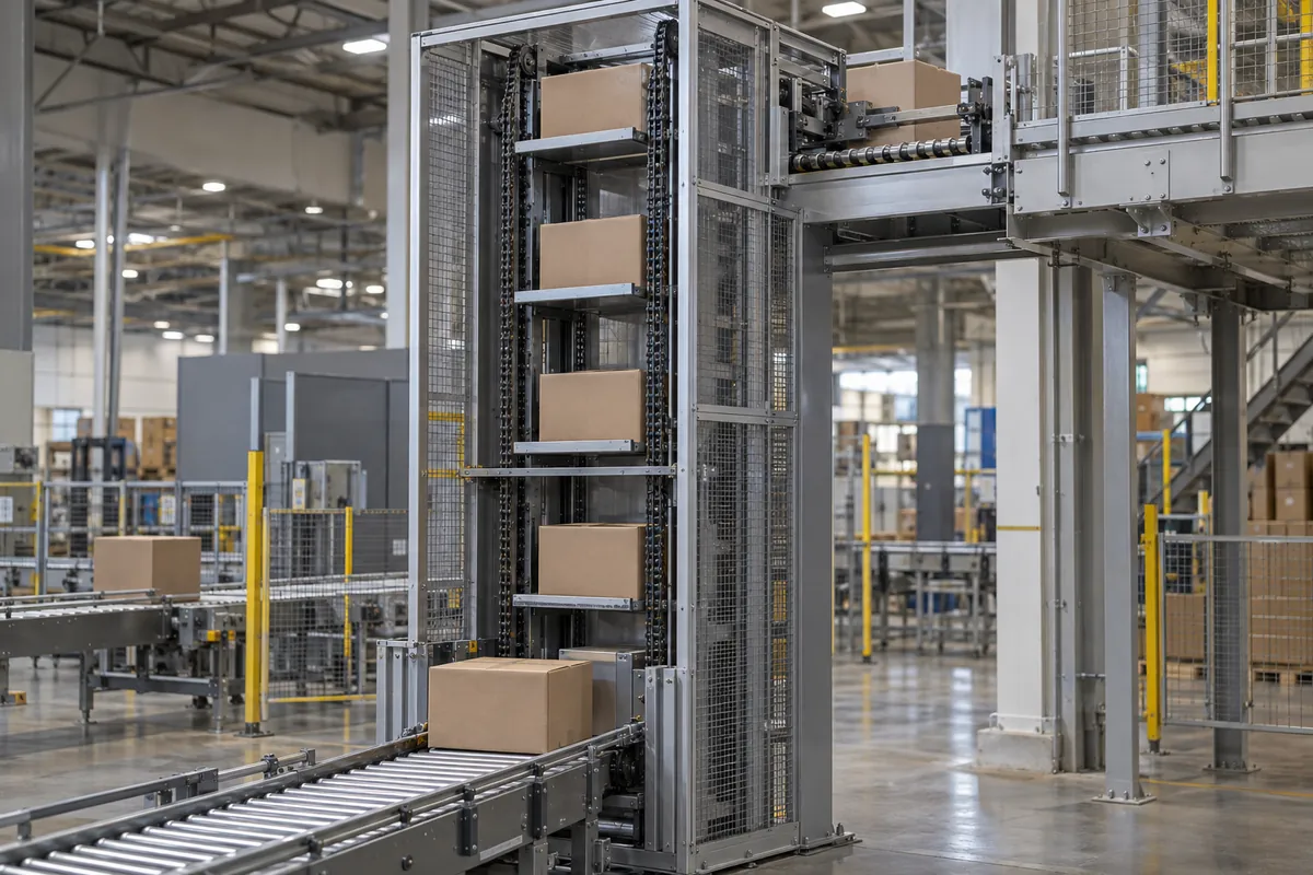Continuous case lift with two flighted chains between an infeed roller conveyor at floor level and a discharge conveyor on an upper deck, carrying plain brown cases