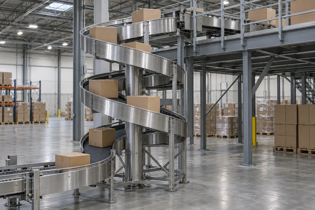 Stainless spiral conveyor carrying plain brown shipping cases from the production floor up to a mezzanine, with guard rails and warehouse lighting