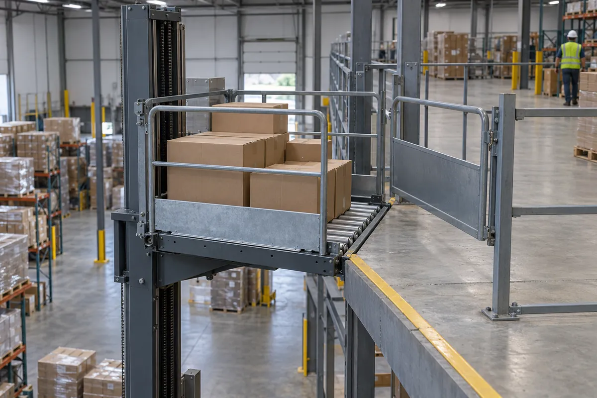 Vertical reciprocating conveyor with a platform at a mezzanine landing, a gate in the open position, and a roller deck holding plain brown cases