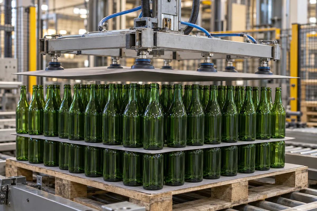 Tier sheet being lifted by a vacuum gripper from a layer of empty glass bottles above an exposed lower layer