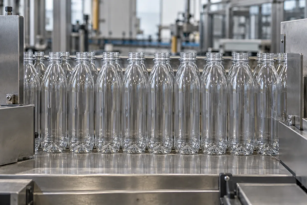 Layer of tall empty PET bottles held between side plates on a depalletizer transfer table