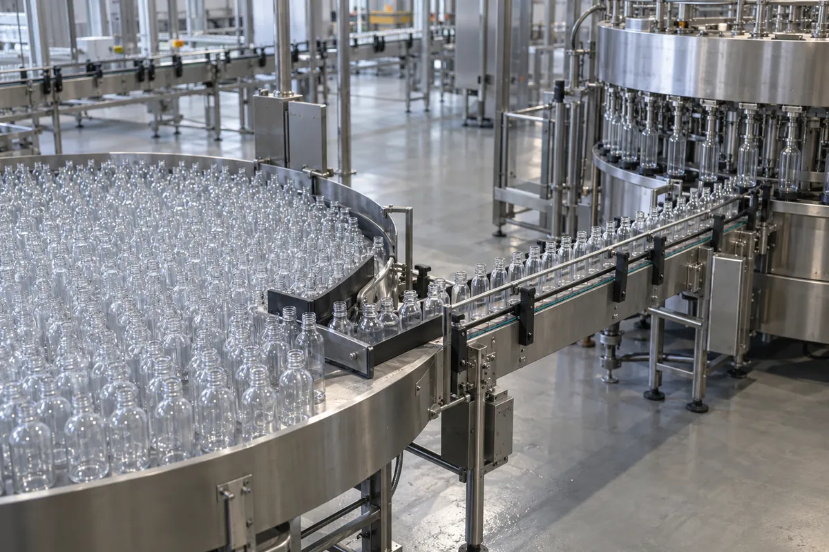 Wide bottle discharge table narrowing through guided conveyors into a single row heading toward a rotary rinser