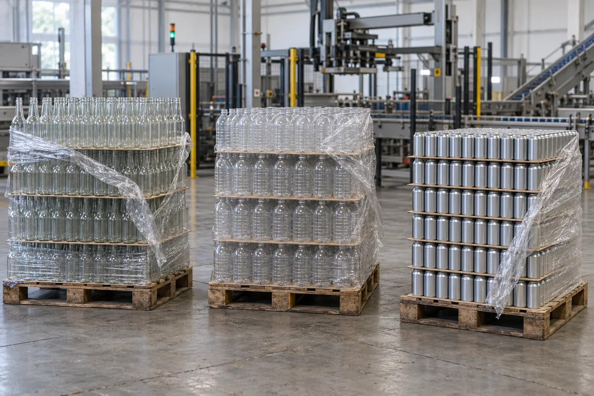 Pallet layers of empty glass bottles, PET bottles, and aluminum cans lined up beside a depalletizing station