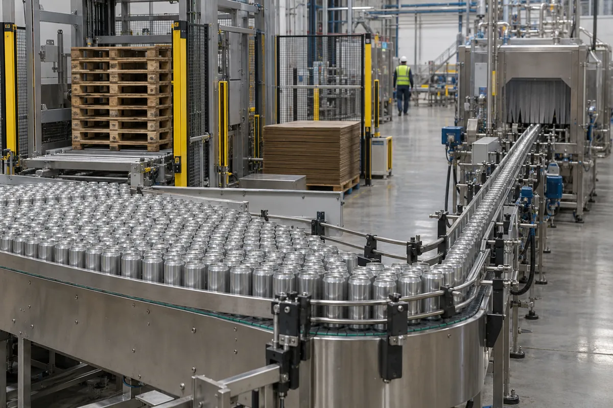 Discharge table feeding conveyors that narrow to a single file, with empty pallet and tier sheet stacking beside the machine