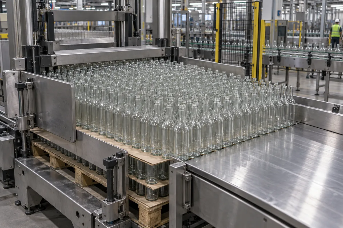 Full layer of empty clear glass bottles being swept from a pallet onto a stainless discharge table with the tier sheet visible
