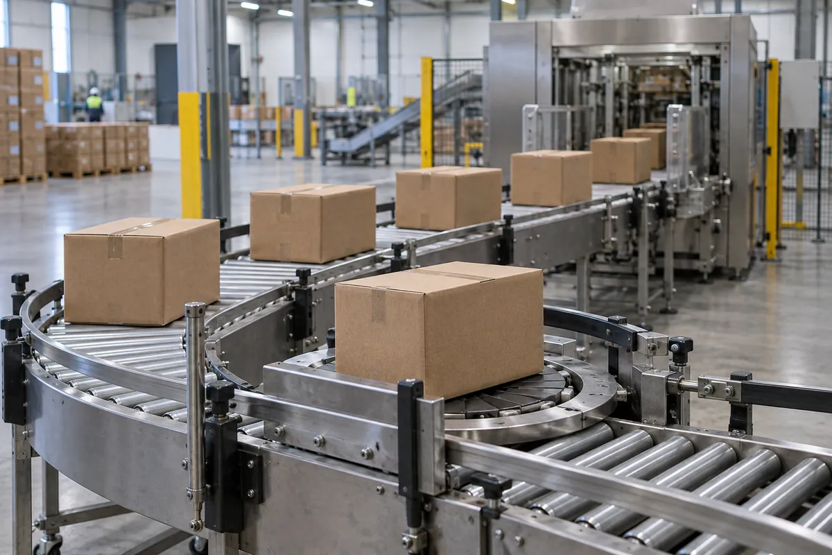 Corrugated cases turning on a conveyor curve to a consistent orientation ahead of a case unpacker