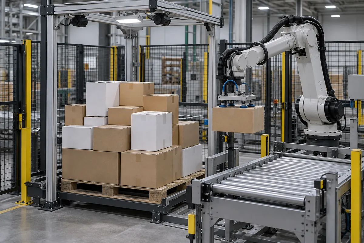 Robot cell with a camera gantry unloading a mixed pallet of different sized cartons onto a roller conveyor