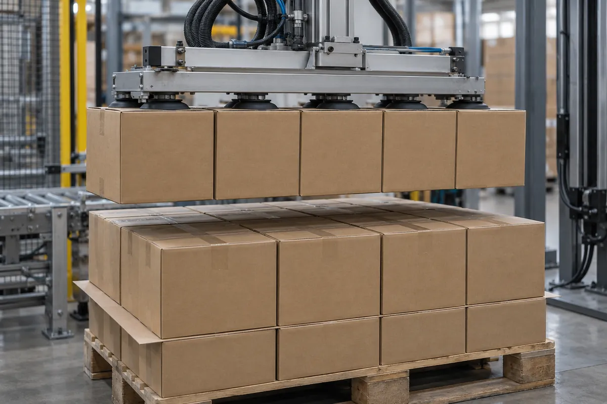 Vacuum gripper lifting a full row of corrugated cases from the top layer of a pallet