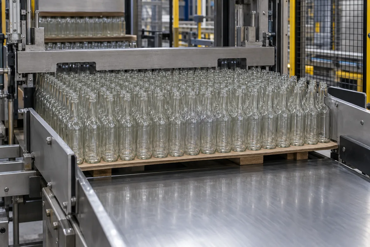 Layer of empty clear bottles being pushed from a pallet onto a stainless discharge table