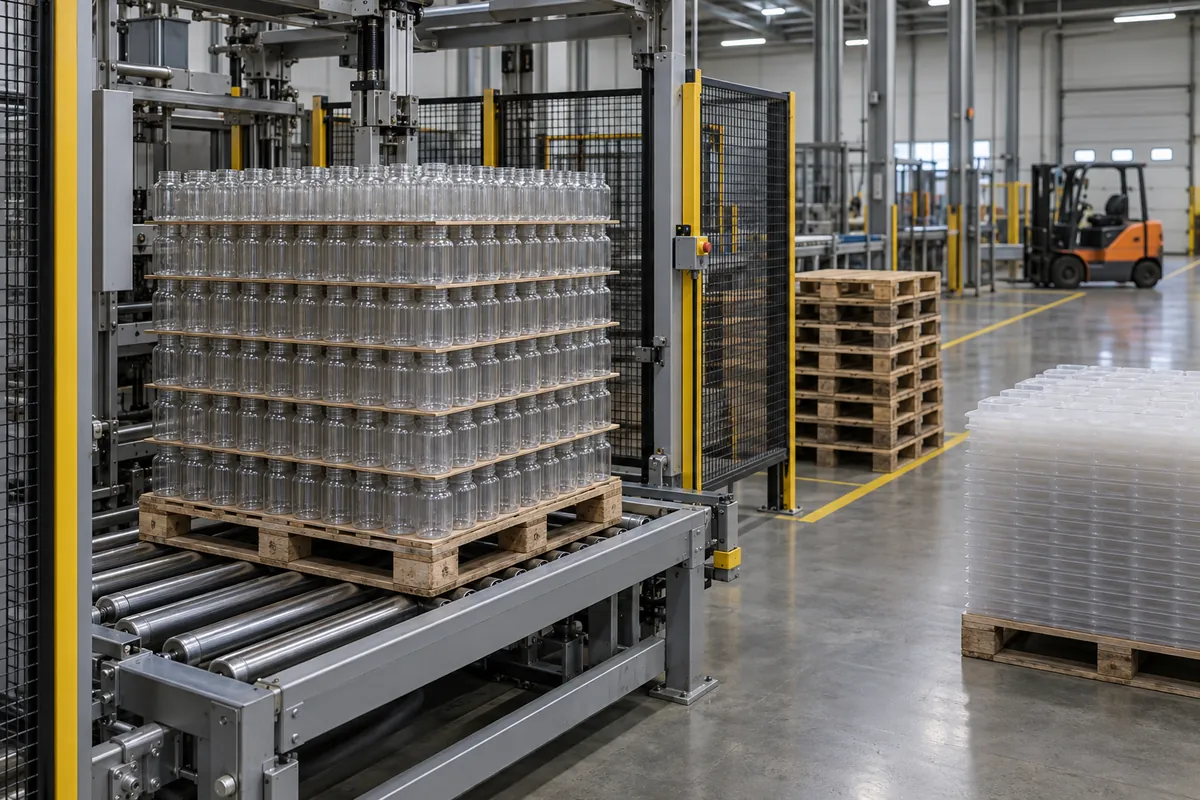 Full pallet of empty containers on a roller conveyor entering a guarded depalletizing station, empty pallets stacked nearby