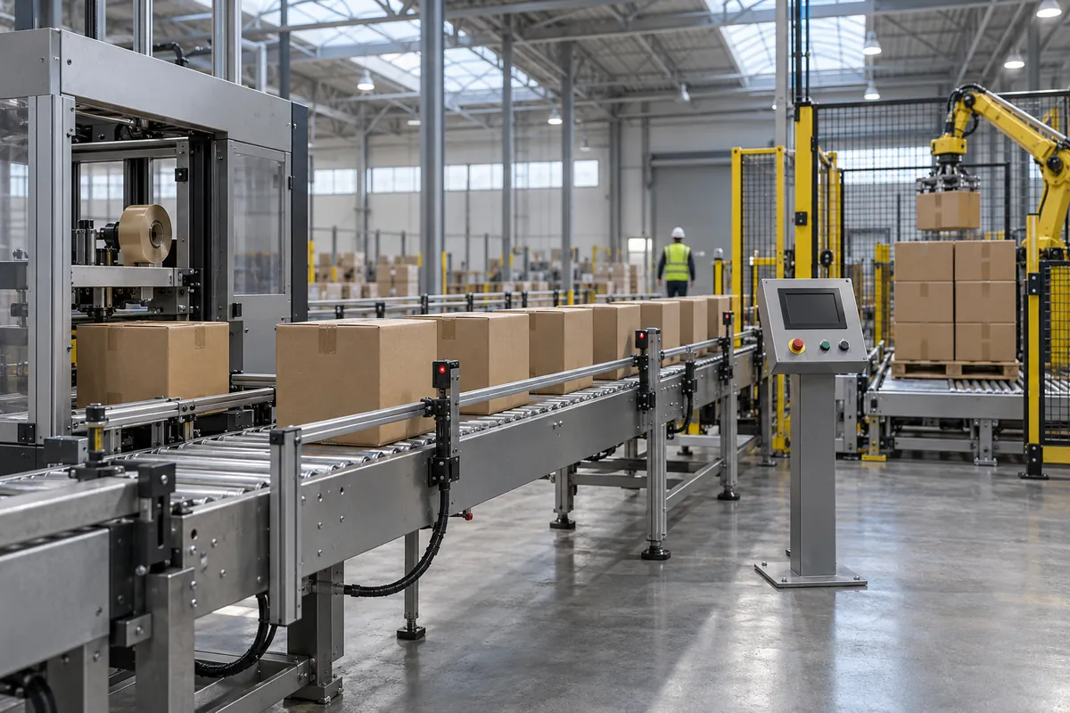 Accumulation conveyor holding a queue of sealed cartons between a case sealer and a palletizing cell, with a distant operator at a control station