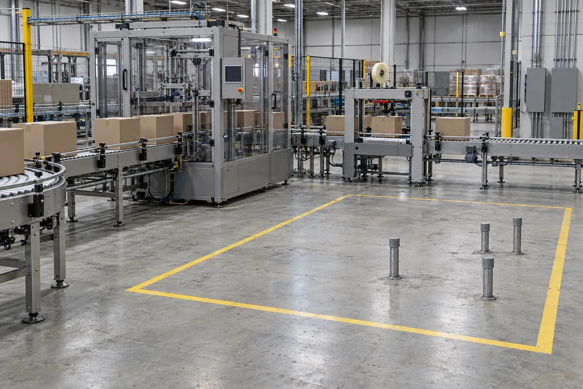 Packaging floor with an installed case packer and sealer, and an empty marked floor area with conduit stubs reserved for a future palletizing cell