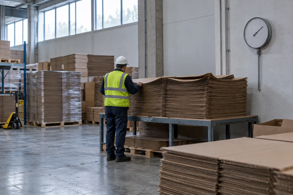Warehouse corner with pallets of plain brown flat blanks, a worker in the distance checking a stack for curl and a humidity gauge on a post