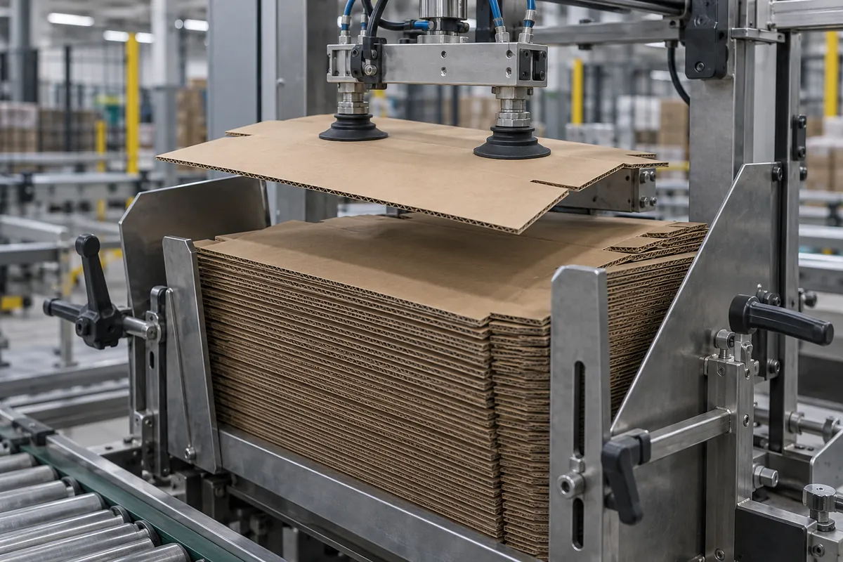 Stack of flat plain brown corrugated blanks in a slanted magazine with a vacuum pick arm lifting the front blank