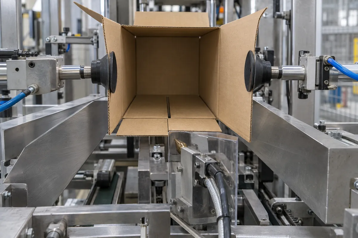Close view of vacuum cups drawing a folded plain brown blank open into a square tube between side plows on a case erector