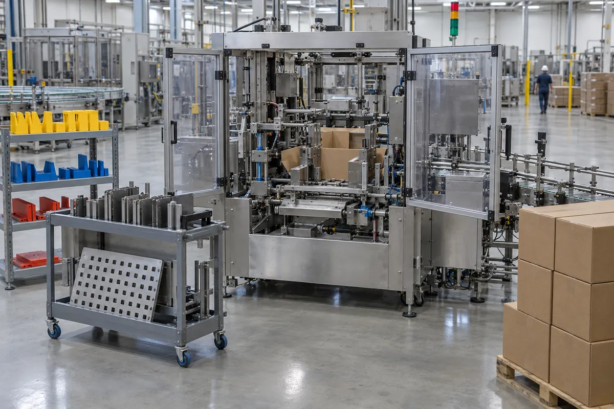 Operator seen at a distance beside an opened case packer with a rack of removable guides and a tool cart on a clean packaging floor