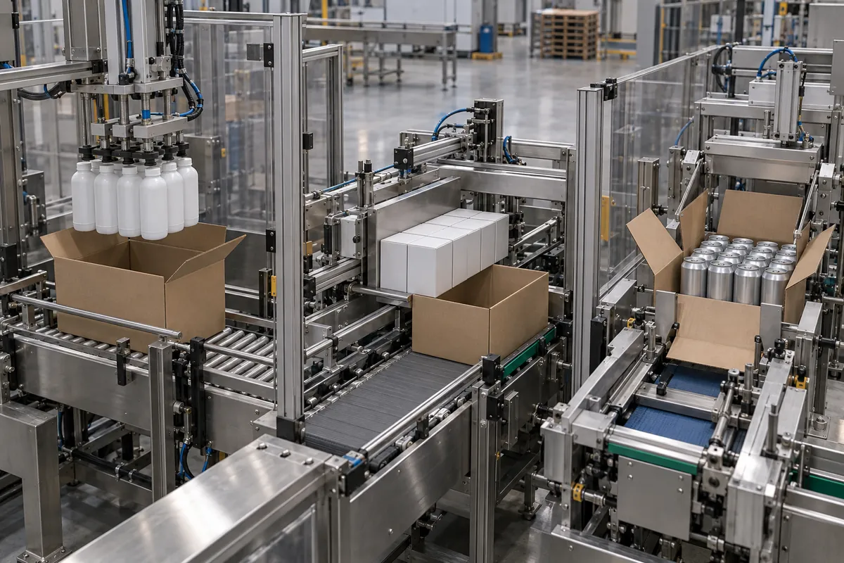 Three case packing stations side by side showing a vertical top-load head, a horizontal side-load pusher, and a wraparound blank feed, all handling plain bottles and cartons