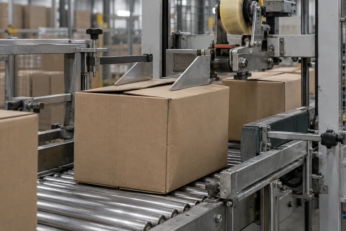 Close view of plain brown cases passing through a sealer with folding plows closing the top flaps ahead of a tape head