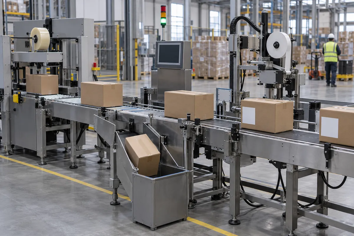 End-of-line conveyor with a case sealer feeding a checkweigher and a labeling station, plain brown sealed cases moving in single file