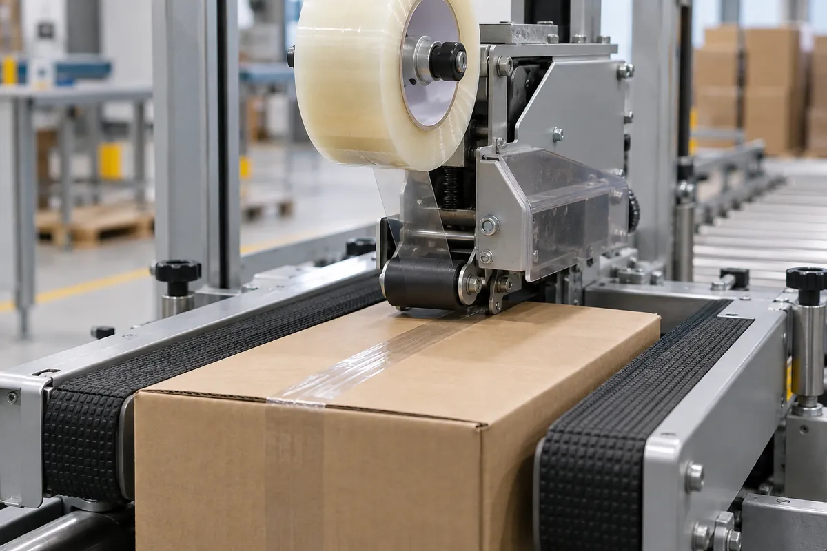 Close view of an unprinted tape head applying a strip of clear tape across the center seam of a plain brown case moving on side belts