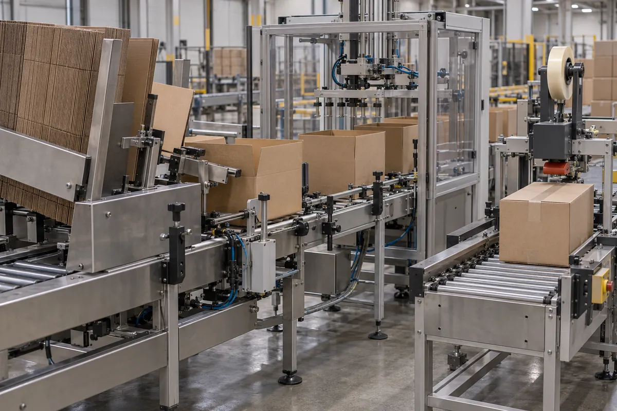 Close view of a case erector forming cartons beside a case packer and a case sealer on a bright packaging floor
