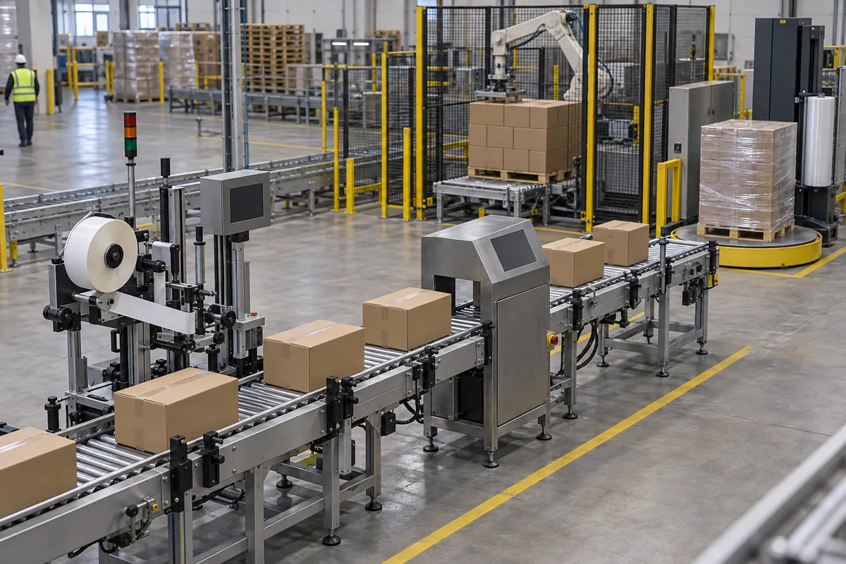 Elevated view of a straight end-of-line conveyor path from a case packer through a sealer and labeler to a palletizer and wrapper