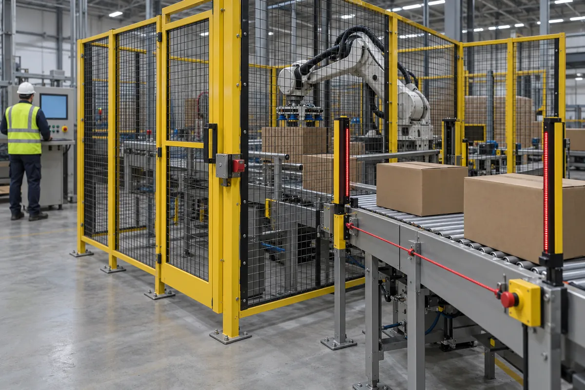 Robotic case packing cell enclosed by a mesh safety fence with an interlocked access door, light curtain, and a distant operator at a control panel