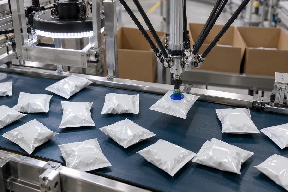 Two overhead delta robots tracking plain flexible packs on a moving belt under a camera hood and placing them into open brown cases