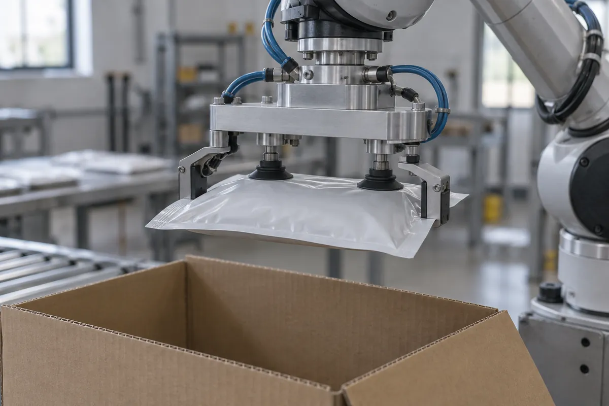 Close view of a robot wrist with a multi-cup vacuum tool holding a plain unbranded pouch above an open brown case